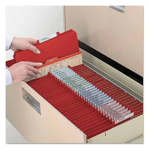 Smead Eight-Section Pressboard Top Tab Classification Folders, 8 SafeSHIELD Fasteners, 3 Dividers, Legal Size, Bright Red, 10/Box (19095)