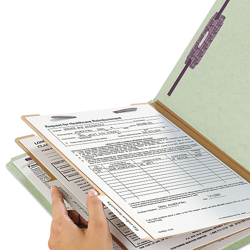 Smead Pressboard Classification Folders, Six SafeSHIELD Fasteners, 2/5-Cut Tabs, 2 Dividers, Letter Size, Gray-Green, 10/Box (14076)