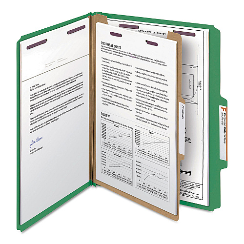Smead Four-Section Pressboard Top Tab Classification Folders, Four SafeSHIELD Fasteners, 1 Divider, Letter Size, Green, 10/Box (13733)