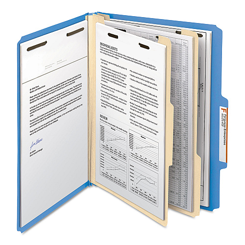 Smead Top Tab Classification Folders, Six SafeSHIELD Fasteners, 2" Expansion, 2 Dividers, Letter Size, Blue Exterior, 10/Box (14001)