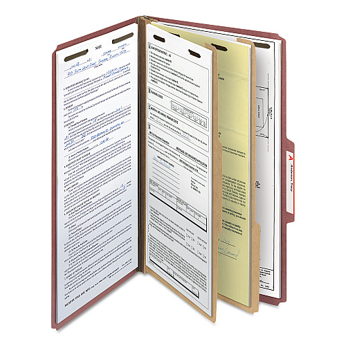 Smead Recycled Pressboard Classification Folders, 2" Expansion, 2 Dividers, 6 Fasteners, Legal Size, Red Exterior, 10/Box (19023)