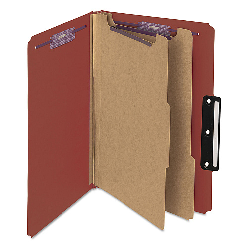 Smead Pressboard Classification Folders, Six SafeSHIELD Fasteners, 1/3-Cut Tabs, 2 Dividers, Legal Size, Red, 10/Box 8 1/2" x 14" - 2" Expansion - 2 x 2S Fastener(s) - 2" for Folder - Top Tab Location - Right of Center Tab Position - 2 Divider(s)  (19230)