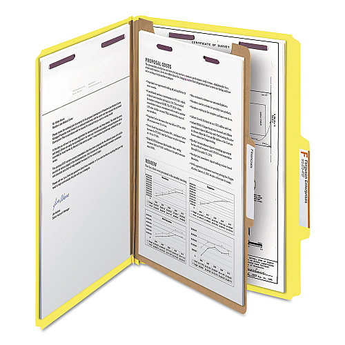 Smead Four-Section Pressboard Top Tab Classification Folders, Four SafeSHIELD Fasteners, 1 Divider, Legal Size, Yellow, 10/Box (18734)
