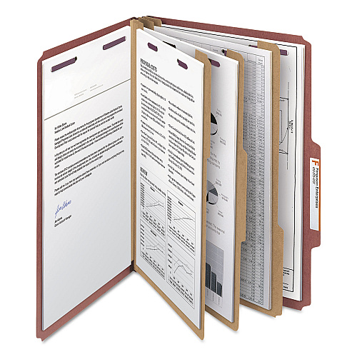 Smead Pressboard Classification Folders, Eight SafeSHIELD Fasteners, 2/5-Cut Tabs, 3 Dividers, Legal Size, Red, 10/Box (19092)