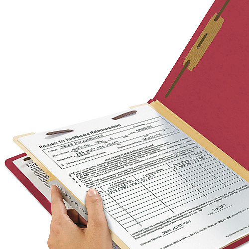 Smead Top Tab Classification Folders, Four SafeSHIELD Fasteners, 2" Expansion, 1 Divider, Letter Size, Red Exterior, 10/Box (13703)