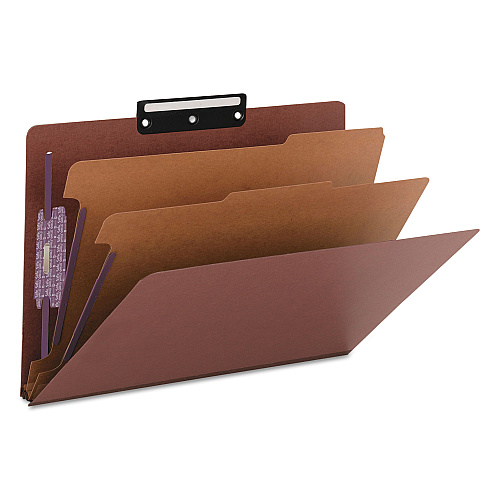 Smead Pressboard Classification Folders, Six SafeSHIELD Fasteners, 1/3-Cut Tabs, 2 Dividers, Legal Size, Red, 10/Box 8 1/2" x 14" - 2" Expansion - 2 x 2S Fastener(s) - 2" for Folder - Top Tab Location - Right of Center Tab Position - 2 Divider(s)  (19230)