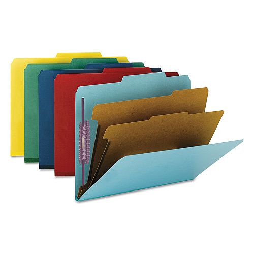 Smead Six-Section Pressboard Top Tab Classification Folders, Six SafeSHIELD Fasteners, 2 Dividers, Letter Size, Assorted, 10/Box (14025)