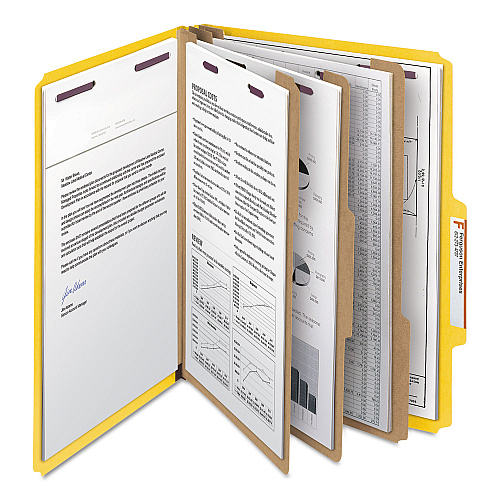 Smead Eight-Section Pressboard Top Tab Classification Folders, Eight SafeSHIELD Fasteners, 3 Dividers, Letter Size, Yellow, 10/Box (14098)