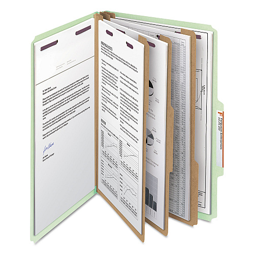 Smead Pressboard Classification Folders, Eight SafeSHIELD Fasteners, 2/5-Cut Tabs, 3 Dividers, Legal Size, Gray-Green, 10/Box (19091)