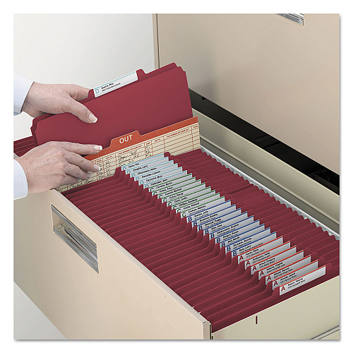 Smead Top Tab Classification Folders, Four SafeSHIELD Fasteners, 2" Expansion, 1 Divider, Letter Size, Red Exterior, 10/Box (13703)