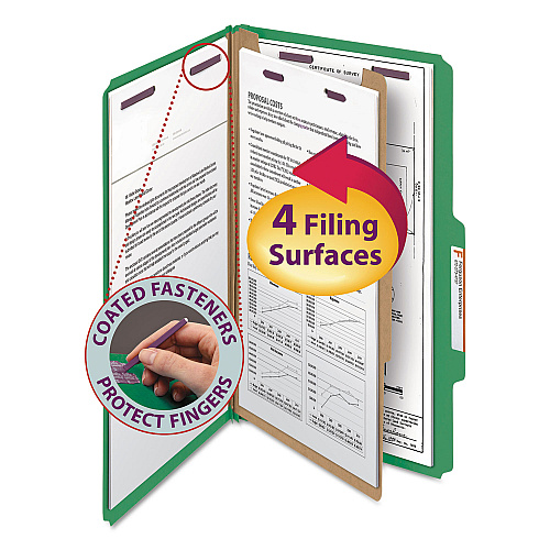 Smead Four-Section Pressboard Top Tab Classification Folders, Four SafeSHIELD Fasteners, 1 Divider, Legal Size, Green, 10/Box (18733)