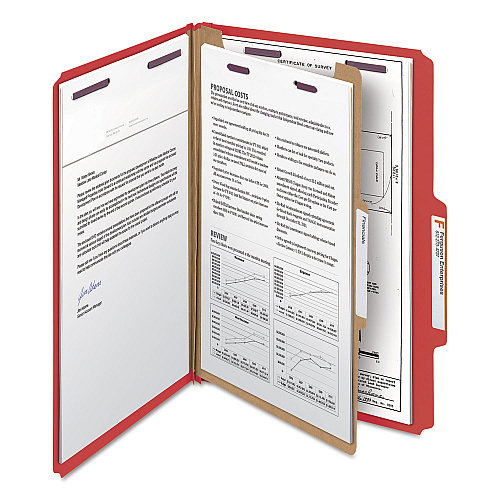 Smead Four-Section Pressboard Top Tab Classification Folders, Four SafeSHIELD Fasteners, 1 Divider, Legal Size, Bright Red, 10/Box (18731)