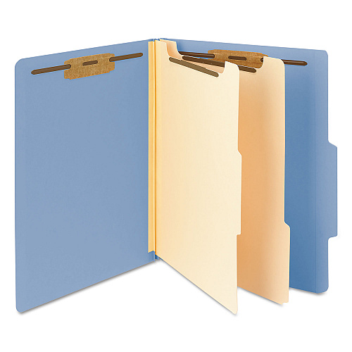 Smead Top Tab Classification Folders, Six SafeSHIELD Fasteners, 2" Expansion, 2 Dividers, Letter Size, Blue Exterior, 10/Box (14001)