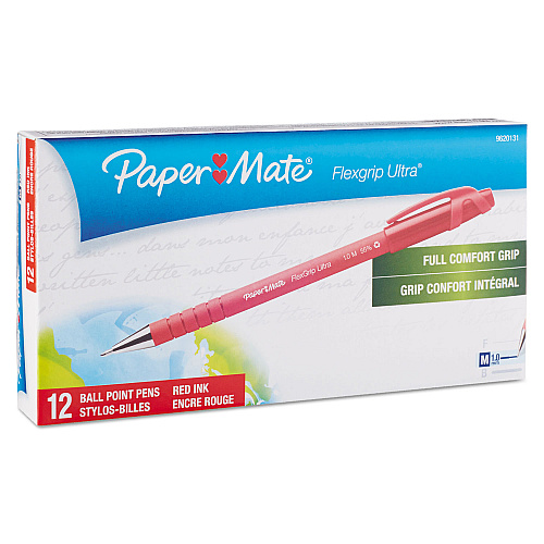 Paper Mate FlexGrip Ultra Recycled Ballpoint Pen, Stick, Medium 1 mm, Red Ink, Red Barrel, Dozen (9620131)