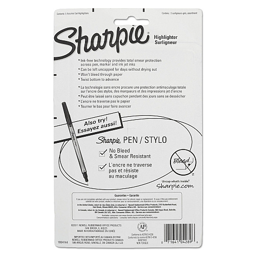 Sharpie Gel Highlighters, Assorted Ink Colors, Bullet Tip, Assorted Barrel Colors, 5/Set (1803277)