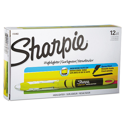 Sharpie Liquid Pen Style Highlighters, Fluorescent Yellow Ink, Chisel Tip, Yellow/Black/Clear Barrel, Dozen (1754463)