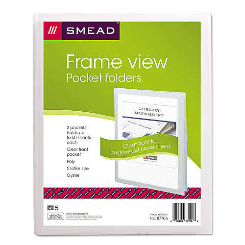 Smead Frame View Poly Two-Pocket Folder, 100-Sheet Capacity, 11 x 8.5, Clear/Oyster, 5/Pack (87706)
