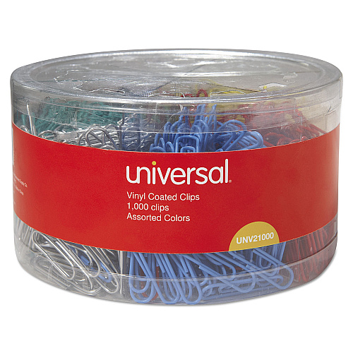 Universal Plastic-Coated Paper Clips with Six-Compartment Dispenser Tub, #3, Assorted Colors, 1,000/Pack (UNV21000)
