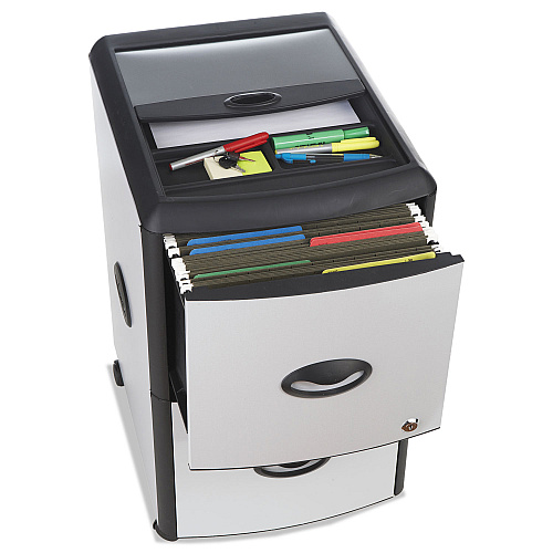 Storex Mobile Filing Cabinet with Metal Siding and Top-Drawer Organizer Tray, 2 Letter File Drawers, Silver/Black, 19" x 15" x 23" (61352U01C)