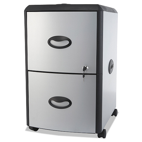 Storex Mobile Filing Cabinet with Metal Siding and Top-Drawer Organizer Tray, 2 Letter File Drawers, Silver/Black, 19" x 15" x 23" (61352U01C)