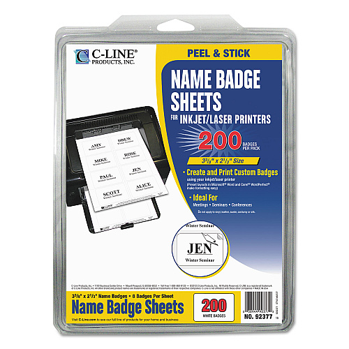 C-Line Laser Printer Name Badges, 3 3/8 x 2 1/3, White, 200/Box (92377)