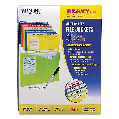 C-Line Write-On Poly File Jackets, Straight Tab, Letter Size, Assorted Colors, 25/Box (63060)
