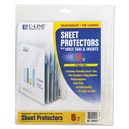 C-Line Sheet Protectors with Index Tabs, Heavy, Clear Tabs, 2", 11 x 8.5, 5/Set (05557)