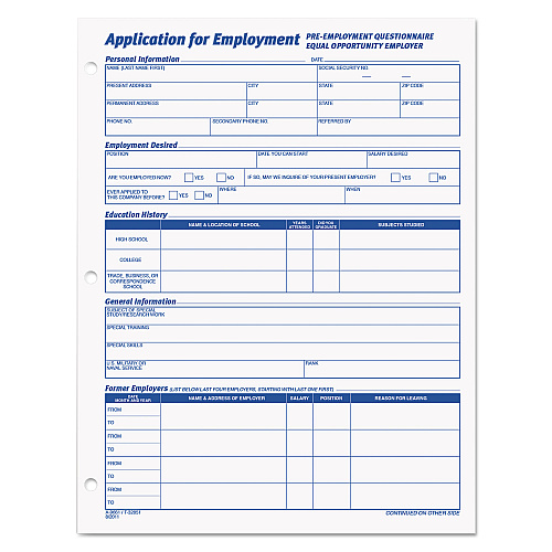 TOPS Employee Application Form, One-Part (No Copies), 11 x 8.38, 50 Forms/Pad, 2 Pads/Pack (32851)