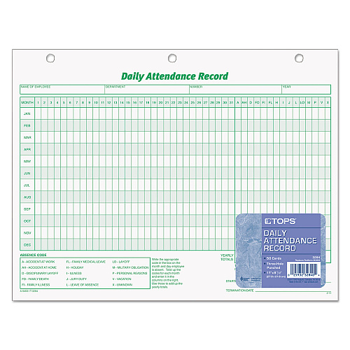 TOPS Daily Attendance Card, One-Part (No Copies), 11 x 8.5, 50 Forms Total (3284)