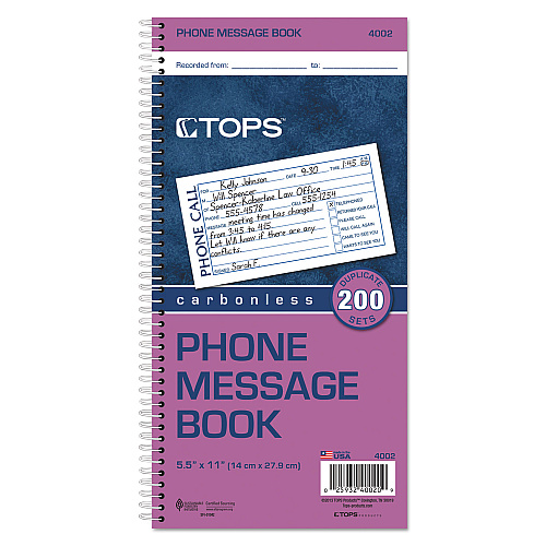 TOPS Spiralbound Message Book, Two-Part Carbonless, 5 x 2.75, 4 Forms/Sheet, 200 Forms Total (4002)
