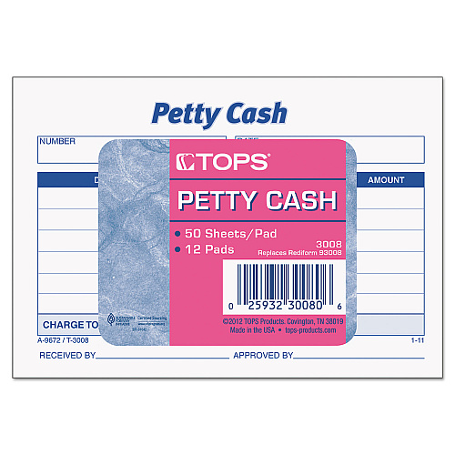 TOPS Petty Cash Slips, One-Part (No Copies), 5 x 3.5, 50 Forms/Pad, 12 Pads/Pack (3008)