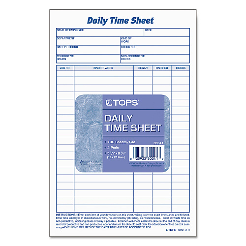TOPS Daily Time and Job Sheets, One-Part (No Copies), 8.5 x 5.5, 200 Forms/Pad, 2 Pads/Pack (30041)