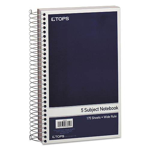 TOPS Wirebound Five-Subject Notebook, Wide/Legal Rule, Navy Cover, (175) 9.5 x 6 Sheets (63859)