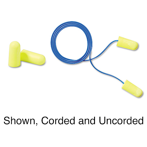 3M E-A-Rsoft Yellow Neon Soft Foam Earplugs, Cordless, Regular Size, 200 Pairs/Box (3121250)