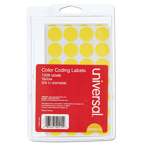Universal Self-Adhesive Removable Color-Coding Labels, 0.75" dia, Yellow, 28/Sheet, 36 Sheets/Pack (UNV40114)