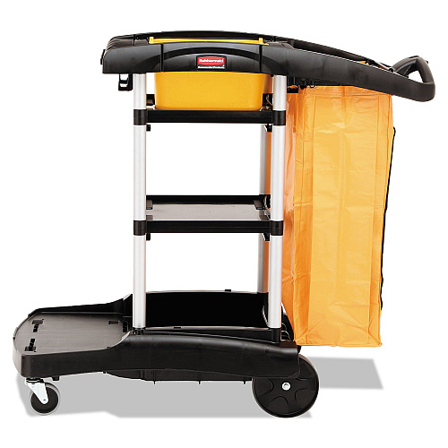 Rubbermaid Commercial High Capacity Cleaning Cart, Plastic, 4 Shelves, 2 Bins, 21.75" x 49.75" x 38.38", Black (9T7200BK)