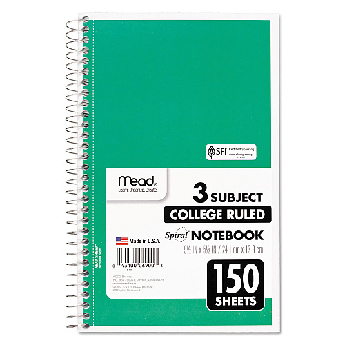 Lot De 3 Cahiers Spirale Mead - 3 Sujets, 120 Pages Lignes Larges, Couleurs Rouge, Vert, Bleu