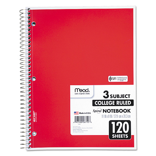 Mead Spiral Notebook, 3-Subject, Medium/College Rule, Randomly Assorted Cover Color, (120) 11 x 8 Sheets (06710)