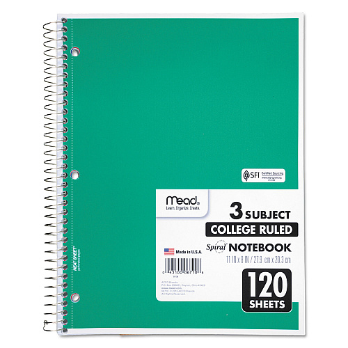 Mead Spiral Notebook, 3-Subject, Medium/College Rule, Randomly Assorted Cover Color, (120) 11 x 8 Sheets (06710)