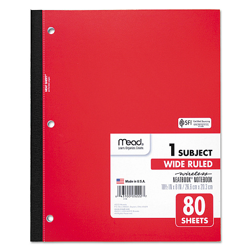 Mead Wireless Neatbook Notebook, 1-Subject, Wide/Legal Rule, Randomly Assorted Cover Color, (80) 10.5 x 8 Sheets (05222)