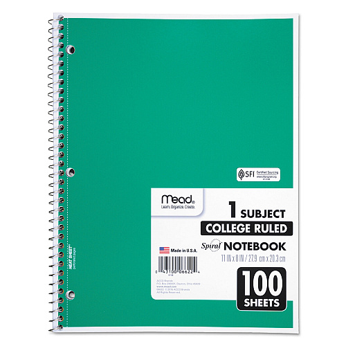 Mead Spiral Notebook, 3-Hole Punched, 1-Subject, Medium/College Rule, Randomly Assorted Cover Color, (100) 11 x 8 Sheets (06622)