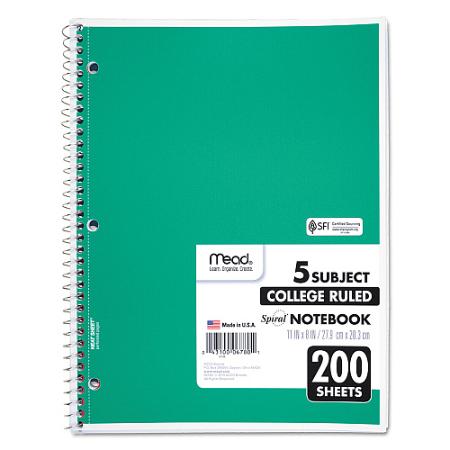 Mead Spiral Notebook, 5-Subject, Medium/College Rule, Randomly Assorted Cover Color, (200) 11 x 8 Sheets (06780)
