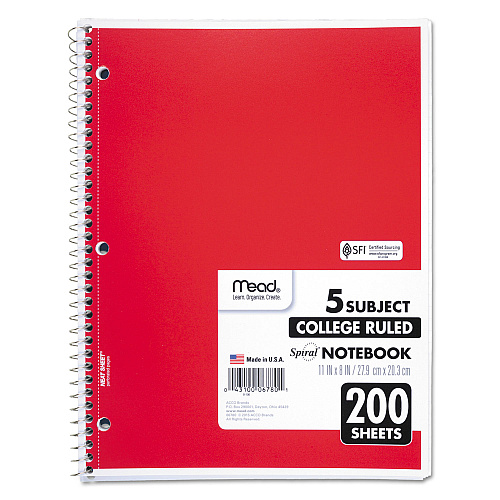 Mead Spiral Notebook, 5-Subject, Medium/College Rule, Randomly Assorted Cover Color, (200) 11 x 8 Sheets (06780)