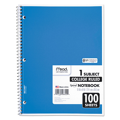 Mead Spiral Notebook, 3-Hole Punched, 1-Subject, Medium/College Rule, Randomly Assorted Cover Color, (100) 11 x 8 Sheets (06622)