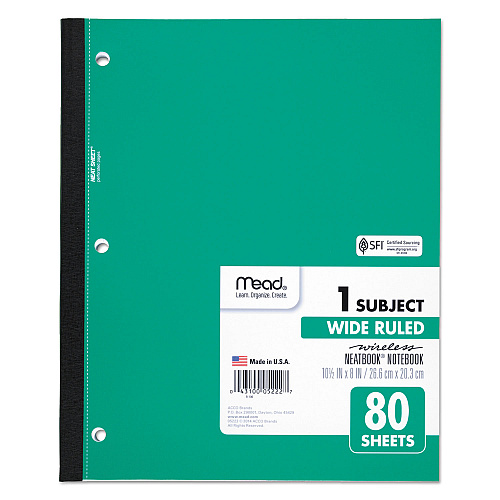 Mead Wireless Neatbook Notebook, 1-Subject, Wide/Legal Rule, Randomly Assorted Cover Color, (80) 10.5 x 8 Sheets (05222)