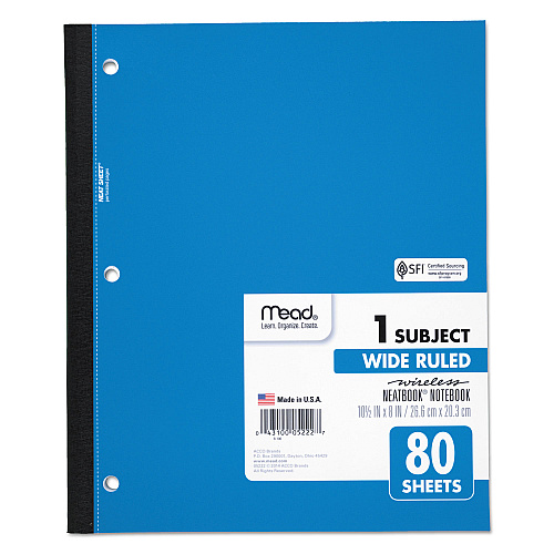 Mead Wireless Neatbook Notebook, 1-Subject, Wide/Legal Rule, Randomly Assorted Cover Color, (80) 10.5 x 8 Sheets (05222)