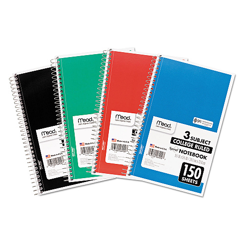 Mead Spiral Notebook, 3-Subject, Medium/College Rule, Randomly Assorted Cover Color, (150) 9.5 x 5.5 Sheets (06900)