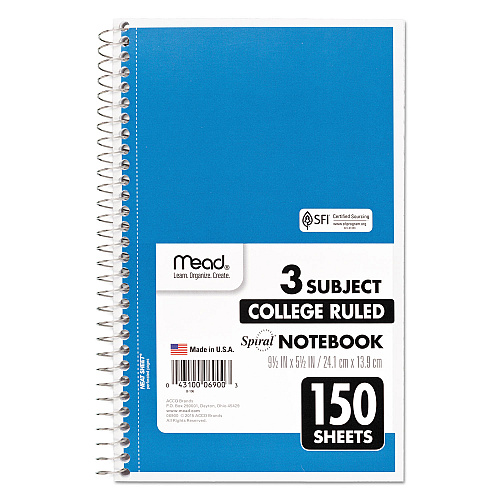 Mead Spiral Notebook, 3-Subject, Medium/College Rule, Randomly Assorted Cover Color, (150) 9.5 x 5.5 Sheets (06900)