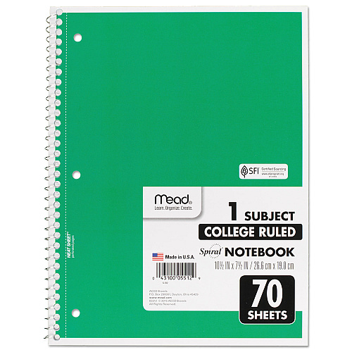 Mead Spiral Notebook, 3-Hole Punched, 1-Subject, Medium/College Rule, Randomly Assorted Cover Color, (70) 10.5 x 7.5 Sheets (05512)
