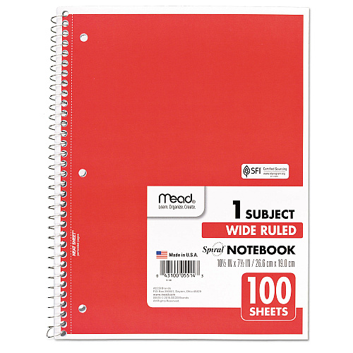 Mead Spiral Notebook, 3-Hole Punched, 1-Subject, Wide/Legal Rule, Randomly Assorted Cover Color, (100) 10.5 x 7.5 Sheets (05514)